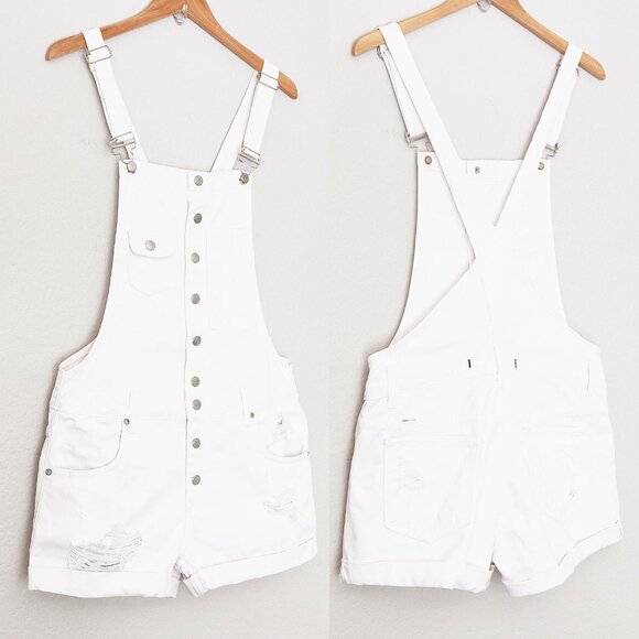 Lovers and Friends Shane Overall Shortall M Kinston White Denim Distressed $178 - Picture 15 of 16